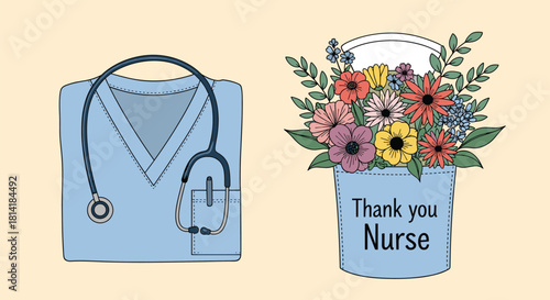 Illustration of a folded light blue nurse uniform with a stethoscope and a bouquet of colorful flowers in a nurse cap holder.