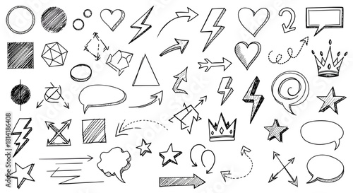 Hand-drawn doodle elements featuring lightning, hearts, speech bubbles, stars, arrows, and expressive sketch icons for creative projects