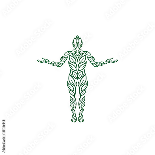 Eco-human silhouette created from leaves symbolizing wellness, sustainability, and harmony with nature in organic line vector style