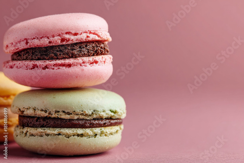 Delicate macarons stack, pastel whimsy for Spring Equinox, French patisserie, with hints of floral dreams and nostalgia
