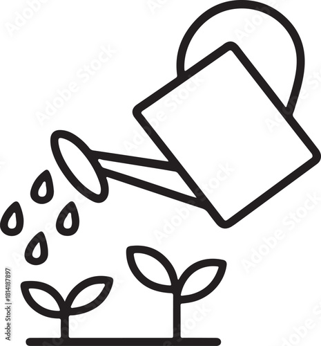 Black Line Art Icon of a Watering Can Outline on White Background Isolated Vector Illustration