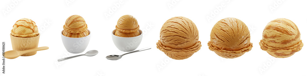 Fototapeta premium Collection of delicious ice cream cones and cups with spoons on a black background