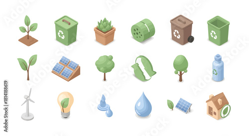 Minimal eco-friendly object icon set featuring plants, recycling symbols, biodegradable packaging, and sustainable lifestyle elements in clean pastel 3D style