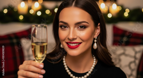 Smiling young woman holding champagne glass, celebrating Christmas in a festive, cozy home, conveying joy and holiday spirit.