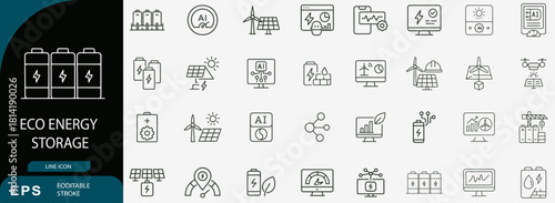 Eco energy storage renewable technology linear vector icon set