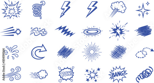 Collection of hand drawn comic style action and effect icons in blue