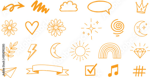 Collection of golden boho style doodle elements on a white background