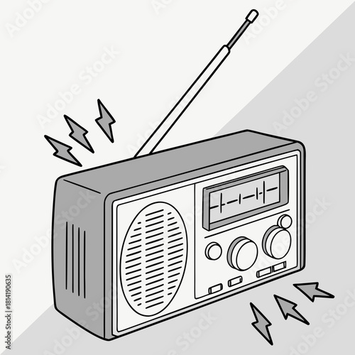 Black and White Retro Radio Emitting Sound Waves And Lightning Keywords: radio, retro, vintage