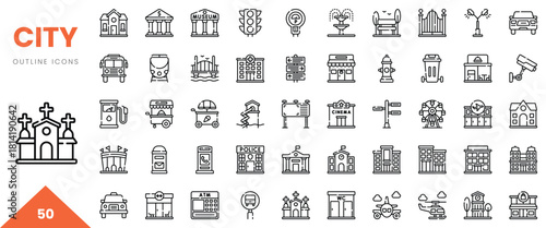 A collection of line art icons representing various city elements and landmarks.