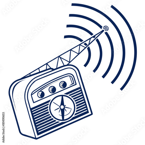 Blue Line Art Radio Icon with Signal Waves and Antenna broadcast transmission