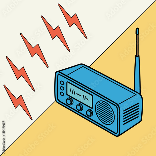 Blue Retro Radio Broadcasting Sound Waves With Lightning Bolts Keywords: radio, retro, vintage