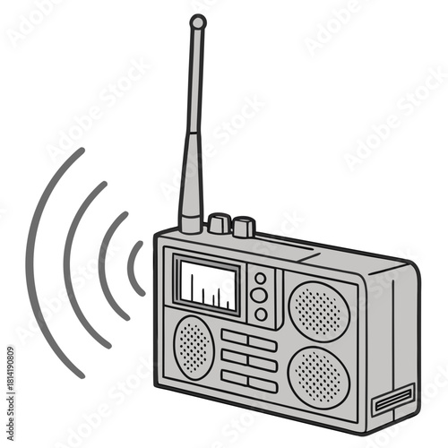 Portable Radio with Antenna and Sound Waves Illustration broadcasting