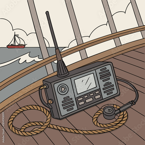 Vintage Maritime Radio on Ship Deck with Rope and Sailboat Keywords: radio, communication