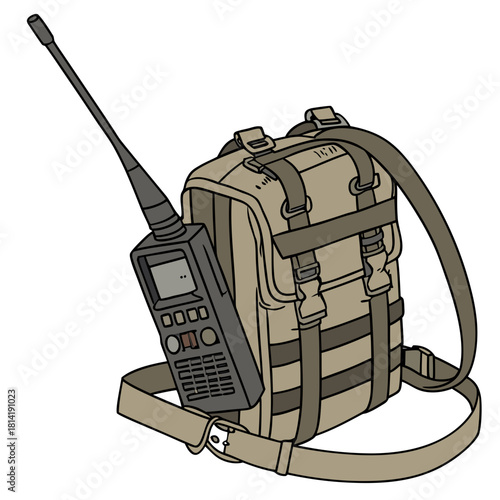 Tan Backpack with Attached Two- Way Radio and Strap beige
