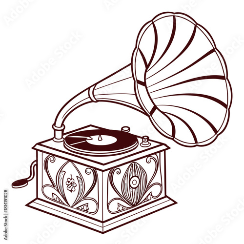 Vintage Gramophone with Decorative Base and Horn phonograph record player
