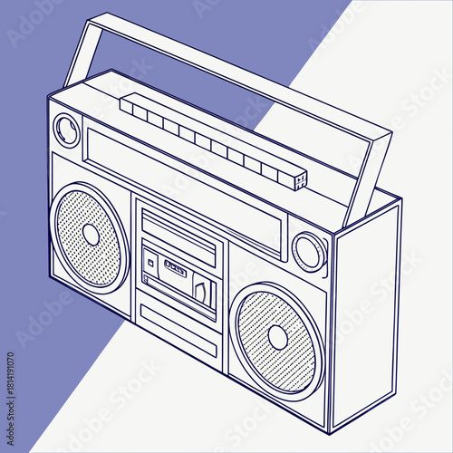 Outline of a Retro Boombox with Speakers and Cassette Player radio stereo