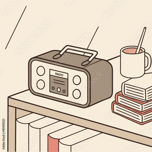 Retro radio on a bookshelf with books and a mug vintage radio portable radio