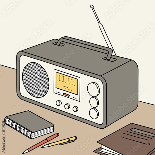 Vintage radio with notebook and pens on a desk retro radio portable radio