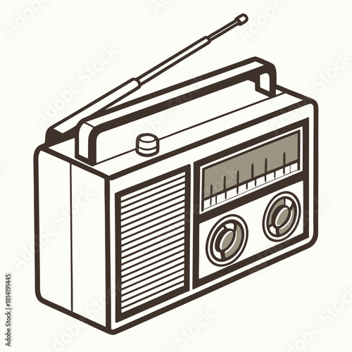 Simple line art illustration of a portable radio with antenna audio music