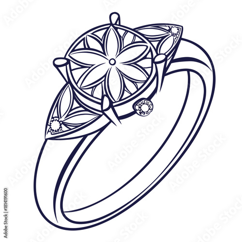 Ornate Diamond Ring Line Art with Floral Accents Keywords: ring, diamond, engagement, jewelry