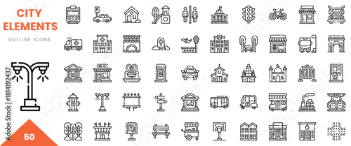 A diverse collection of outline icons representing various city elements and structures.