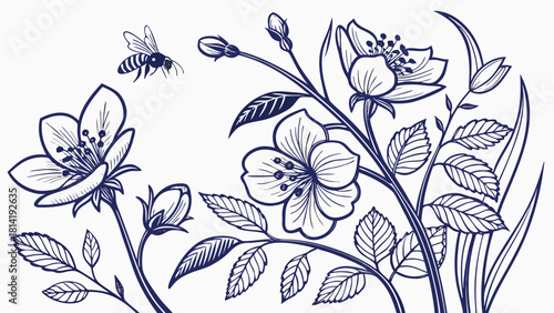 Delicate line drawing of blooming flowers and a bee in flight