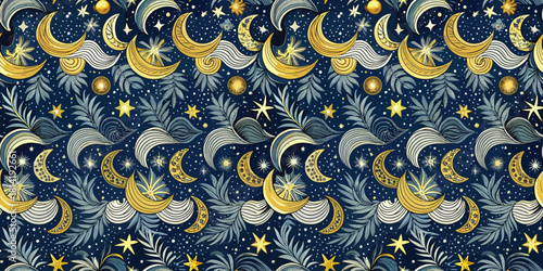 A whimsical pattern featuring golden crescent moons, stars, and swirling clouds on a deep blue background.