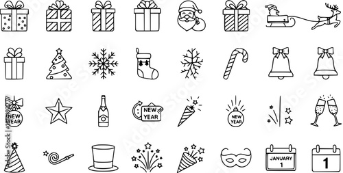 Christmas and New Year Holiday Icons Set. Hand-drawn line art vector collection of festive season elements like gifts, Santa, tree, snowflakes, champagne, fireworks, and calendars.