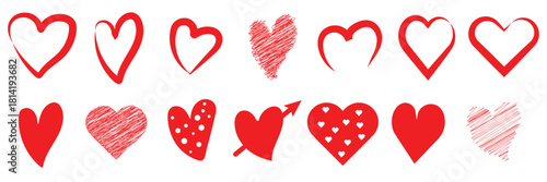 Hand drawn Valentines red heart doddle brush stroke with grunge texture. Vector stoke illustration isolated on white background for design decoration template greeting card, invitation, banner, menu.