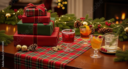 Festive Christmas setting with stacked presents, colorful cocktails, and garland on table, conveying warmth and holiday cheer.