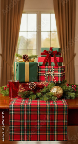 Festive Christmas gifts stacked on a plaid table with greenery, pinecones, and a candle, exuding holiday cheer.