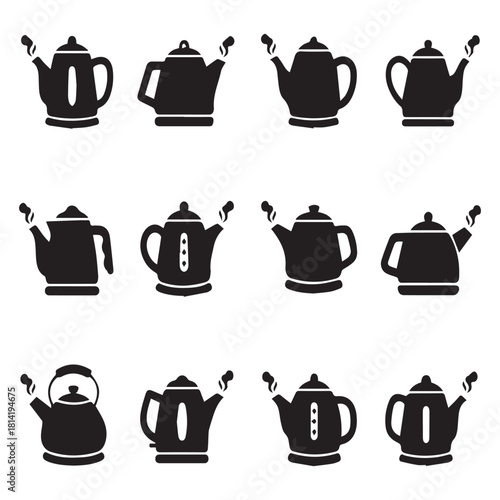 Black Silhouette Icons of Boiling Kettles with Steam Rising from the Spout