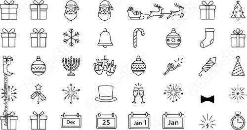 Holiday Icons: Christmas, New Year, Hanukkah Celebration Symbols - Vector Line Art