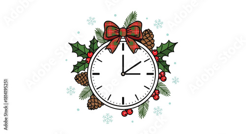 Christmas Holiday Countdown Clock with Holly Berries Pine Cones and Festive Bow on White Background