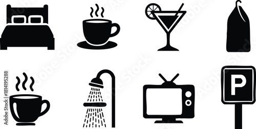 Simple black icons for bed coffee cocktail bottle shower television parking vector illustration