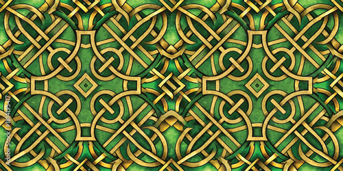 Intricate green and gold Celtic knot pattern, symbolizing unity and eternity in a vibrant design.