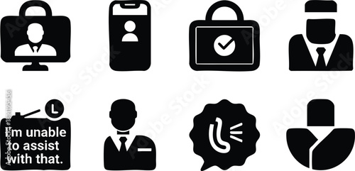 Customer service support icons with operator, call center representative, and assistance symbols in black vector illustration