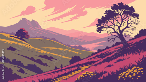 Vibrant sunset over rolling hills and a solitary tree