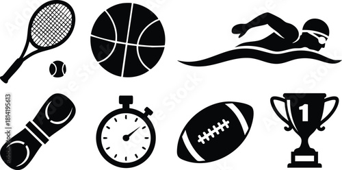 Sports icons set including tennis racket ball basketball swimmer stopwatch trophy vector illustration