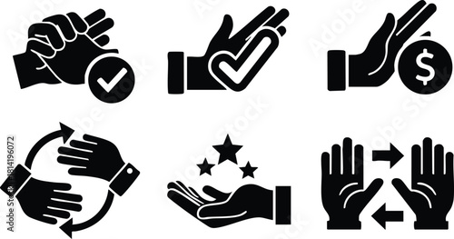Hand gesture icons set with check mark, stars, and money symbol in black vector design