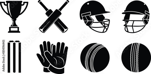 Cricket equipment vector set with bats helmet ball gloves stumps and trophy illustration collection