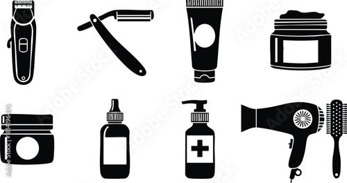 Barber grooming tools vector set including clipper, razor, cream tube, jars, oil bottle, pump dispenser, hairdryer, and comb illustration