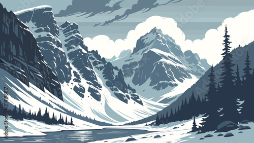 Majestic snow capped mountains reflected in a calm winter lake