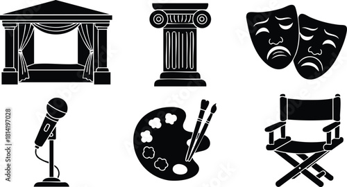 Theater stage curtain microphone column paint palette director chair comedy tragedy masks vector illustration