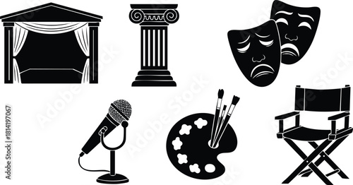 Theater stage column comedy and tragedy masks microphone artist palette director chair vector illustration