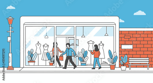 People shopping at a modern clothing boutique with mannequins in the display window.