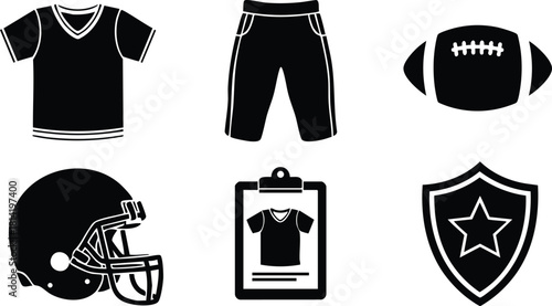 American football uniform gear including jersey pants helmet clipboard and shield vector icons set