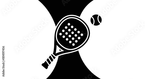 Black and white illustration of a padel racket hitting a ball, sports equipment.