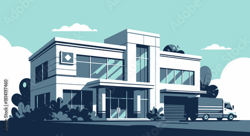 Illustration of a modern building with a truck parked outside, under a cloudy sky.