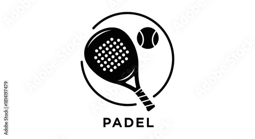 A black and white graphic icon representing the sport of padel, featuring a racket and ball inside a circle.